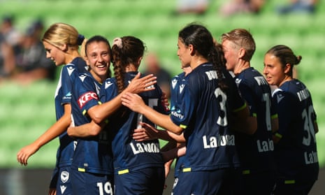 Lia Privitelli celebrates one of her two goals during Melbourne Victory’s 5-1 rout of Adelaide United at AAMI Park.
