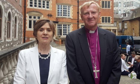 Dame Moira Gibb and Bishop Peter Hancock after a press conference in London as the Church of England publishes a report on the handling of abuse by Bishop Peter Ball.
