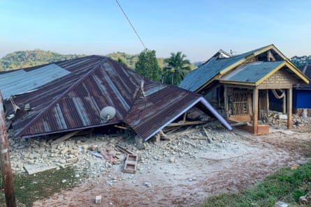 Damaged houses are seen following a 7.7-magnitude earthquake in Ruteng, Manggarai, East Nusa Tenggara, on 15 August, 2026.