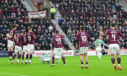 Benjamin Nygren scores Celtic’s first goal against Hearts