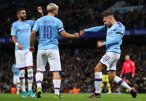 Otamendi fist-pumps Aguero after scoring City’s second