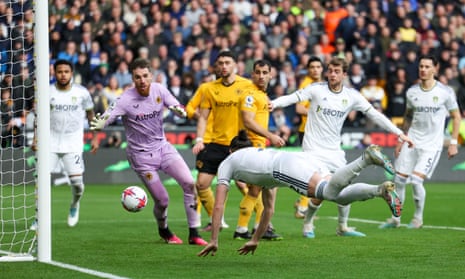 Leeds United defender Luke Ayling (2) scores a goal to make the score 0-2 during the Premier League match between Wolverhampton Wanderers and Leeds United.