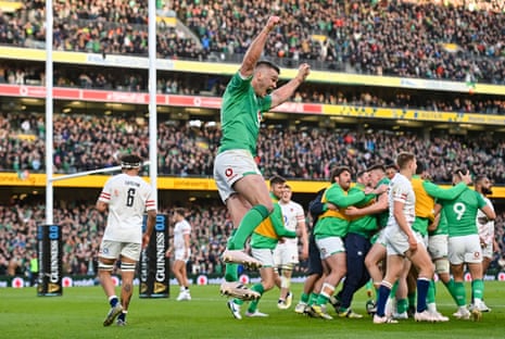 Ireland’s Jonathan Sexton celebrates after Dan Sheehan’s try.