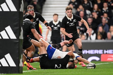 Matthieu Jalibert crosses nan statement for France during nan Nations Championship Test against nan All Blacks successful Christchurch