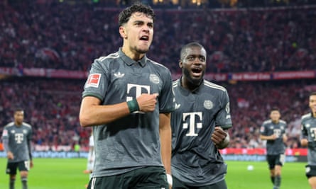 Aleksandar Pavlovic celebrates his goal against Bayer Leverkusen, which ultimately earned Bayern Munich a point.