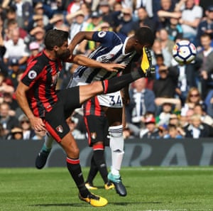 Bournemouth’s Andrew Surman connects with West Brom’s Rekeem Harper during the 1-0 home win at The Hawthorns.