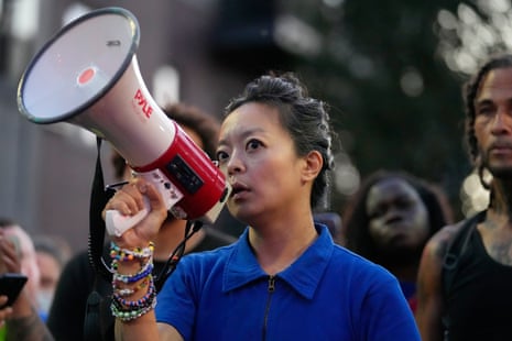 Francesca Hong, a democratic socialist running to be Wisconsin’s governor, spoke at a protest last month in Madison, Wisconsin, after a police officer shot and killed a man.
