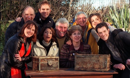 John Noakes, third from right, with other Blue Peter presenters in 2000, after digging up time capsules buried in the Blue Peter garden.