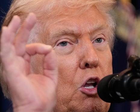 Donald Trump speaking about the Iran war to reporters at the Trump National Doral Miami golf resort in Florida