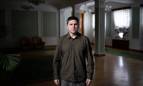 Adviser Mykhailo Podolyak in the sandbagged hallways of the presidential offices in Kyiv.