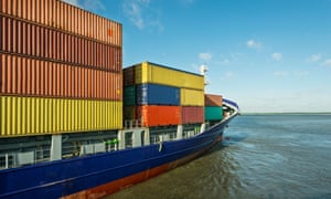 Container ship sailing near Antwerp