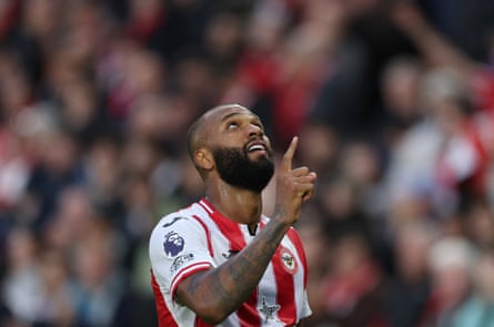 Igor Thiago points to the sky after scoring Brentford’s third goal against Newcastle