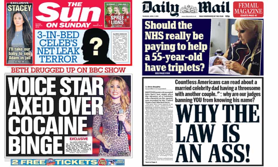 Sun on Sunday and Daily Mail front pages on the celebrity injunction.