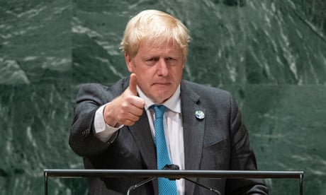 76th Session of the UN General Assembly<br>epa09482712 British Prime Minister Boris Johnson gives a thumb up after addressing the 76th Session of the UN General Assembly in New York City, New York, USA, 22 September 2021. EPA/EDUARDO MUNOZ / POOL