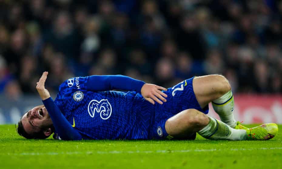 Ben Chilwell lies on the Stamford Bridge turf in agony after suffering a serious knee injury during Chelsea’s Champions League home match against Juventus last month