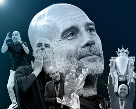 A composite image showing Pep Guardiola shouting instructions from the sidelines, blowing kisses, with the Champions League trophy, and lifting the Premier League trophy