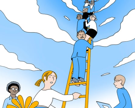 Ground view perspective of a career ladder with people of increasing age, looking down in judgment on a young person beginning to get a foothold