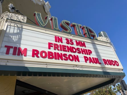 Friendship in 35mm starring Tim Robinson and Paul Rudd advertised on the marquee outside Vista Theater