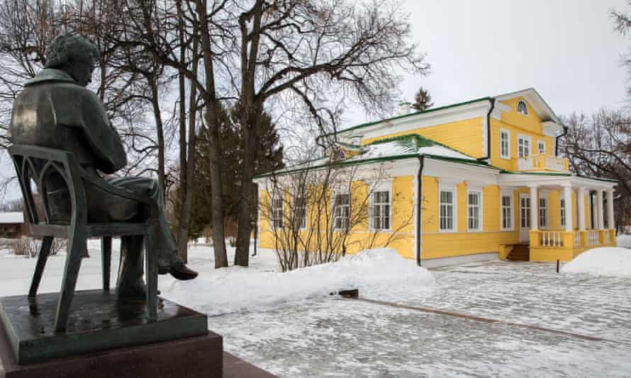 A statue of Alexander Pushkin outside the manor house at a museum on the e Pushkin estate.