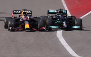 Red Bull's Max Verstappen and Mercedes' Lewis Hamilton are in action.