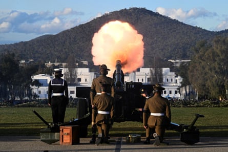 A 96-gun salute for Queen Elizabeth at Parliament House forecourt in Canberra, Australia.