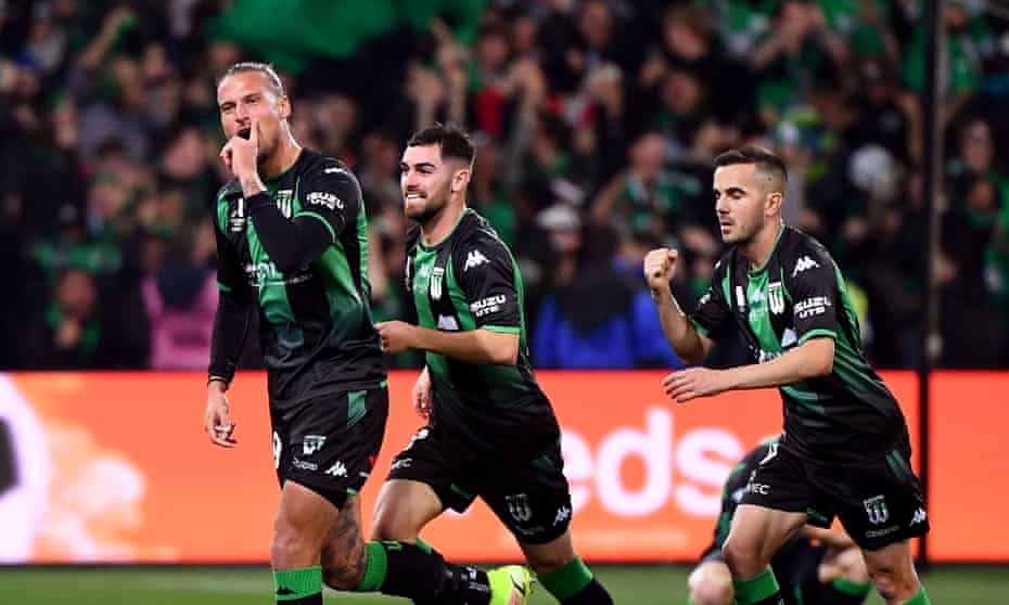 Western United's Aleksandar Prijovic celebrates after scoring against Melbourne City in the A-League Men’s grand final at AAMI Park.