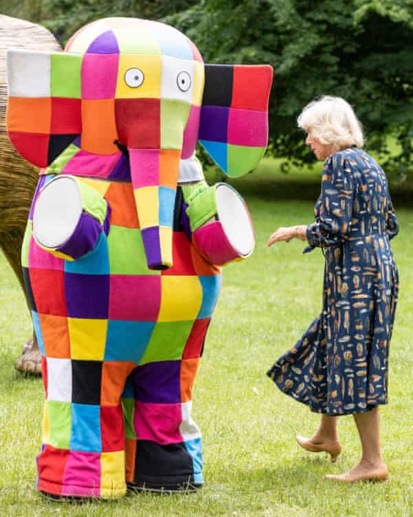 la duchesse de Cornouailles rencontre Elmer à St James's Park, Londres, en 2021.