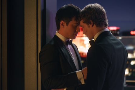 Hudson Williams and Connor Storrie wearing dinner jackets in a scene from Heated Rivalry.
