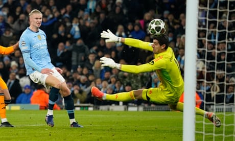 Erling Haaland scores the opener past Real Madrid's Thibaut Courtois. The Manchester City striker was man of the match despite being on the losing side,