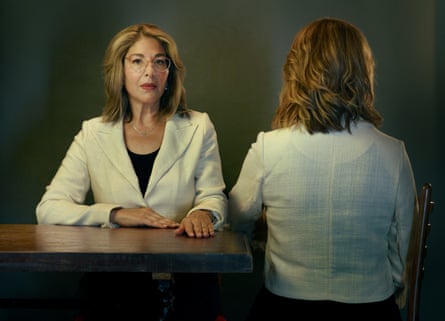 Author Naomi Klein pictured twice, once sitting at a table facing the camera, and alongside with her back to it