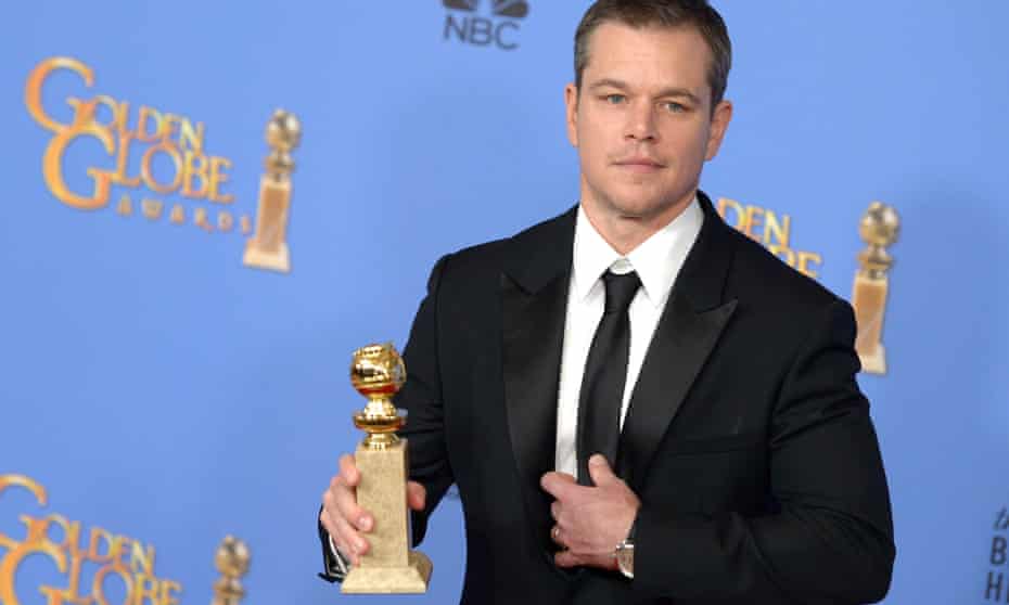 Matt Damon with his best actor in a musical or comedy prize on Golden Globes night.