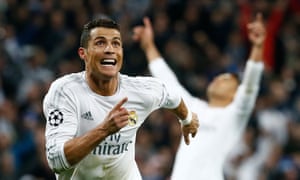 Cristiano Ronaldo celebrates his hat-trick for Real Madrid in the Champions League quarter-final second leg against Wolfsburg.