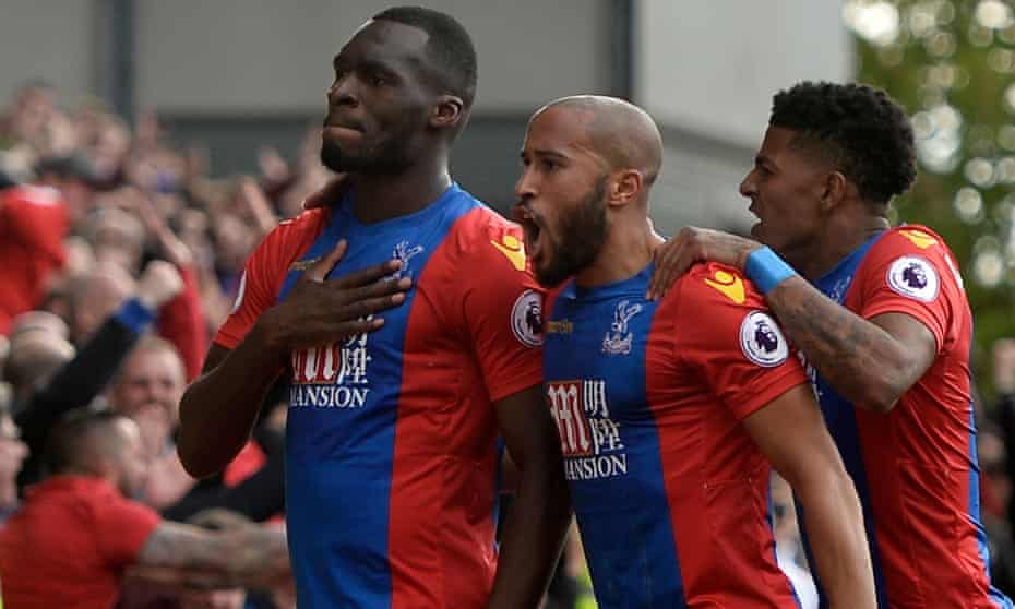 Christian Benteke celebrates scoring Crystal Palace’s second goal against Leicester.