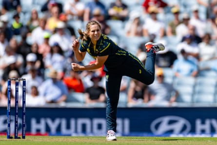 Sophie Molineux of Australia bowls during the ICC Women’s T20 World Cup semi final game between Australia Women and West Indies Women at the Oval.