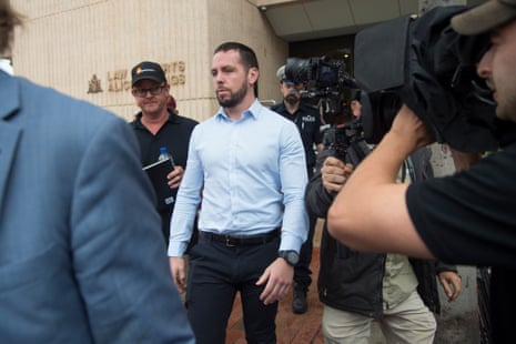 Constable Rolfe leaving the inquest into the death of Kumanjayi Walker earlier this month.