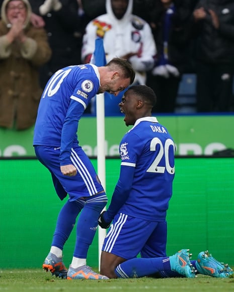 Leicester City's Patson Daka (right) celebrates scoring his side's equaliser with James Maddison.