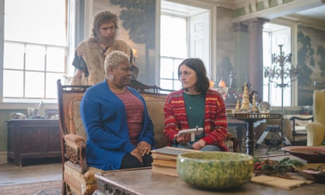 Betty (Sutara Gayle, left) and Alison (Charlotte Ritchie), with Robin (Laurence Rickard) in Ghosts