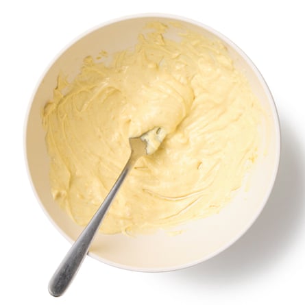 Felicity Cloake’s devilled eggs 05c. Flavour the mayo. Stir the celery salt, hot sauce and vinegar into the mayonnaise mixture and season with a little pepper (most types of vinegar will work here, but anything dark such as balsamic will give your eggs a less than appetising colour, while malt has a whiff of the chippie). Swap in any other flavourings (for example, miso, curry powder, capers, fish roe, etc) as you fancy.