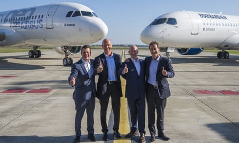 From left, Pierre Beaudoin, Bombardier chairman, Tom Enders, Airbus chief executive, Alain Bellemare, Bombardier president and Fabrice Brégier, Airbus chief operating officer, celebrate the takeover deal.
