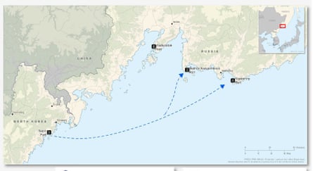 A map from the report providing an overview of the transport of materials between Russia and North Korea.