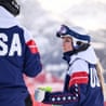 Lindsey Vonn talks with her coach before a training run.