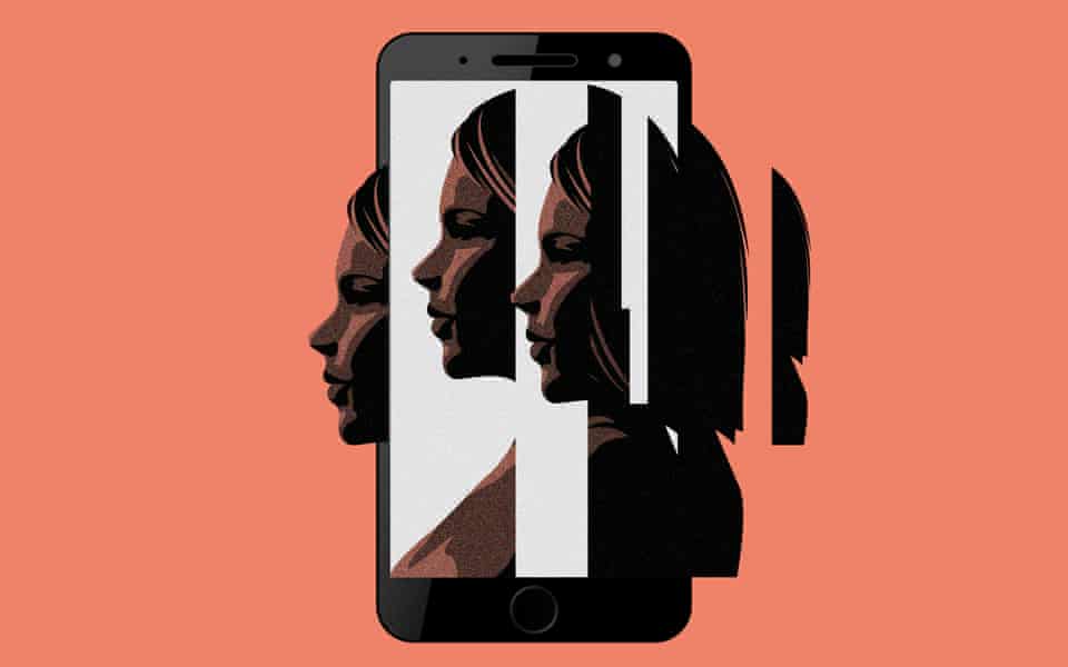 a fractured image of a face and a smartphone screen