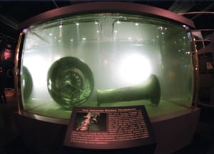 The docking bridge telegraph recovered from the wreckage of the Titanic is displayed at the Nauticus National Maritime Center in Norfolk, Virginia.
