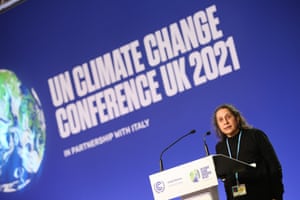 Tasneem Essop from Climate Action Network International speaks during a meeting for the fossil fuel treaty initiative