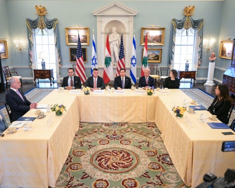 Marco Rubio at the talks with Lebanon’s Nada Hamadeh Moawad, Israel’s Yechiel Leiter and others at tables in Washington DC on 14 April