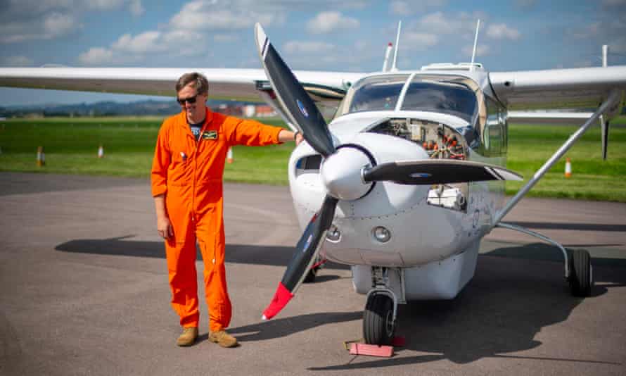 The debut flight of the hybrid electric Cessna Sky Master, from Exeter Airport, Devon.