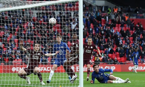 Ben Chilwell of Chelsea (on the ground) thinks he has equalised in the 2021 FA Cup final against Leicester but VAR decided, by a tiny margin, he was offside in the buildup.