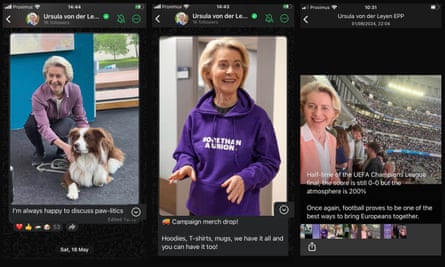 Screenshots of social media image posts, showing VDL with a dog, in a merch hoodie, and at the Champions League final