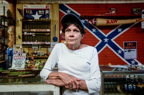 Roslyn Stuart is an employee at Flag Heads in Seminary, Mississippi. The store specializes in Confederate flag-themed merchandise.