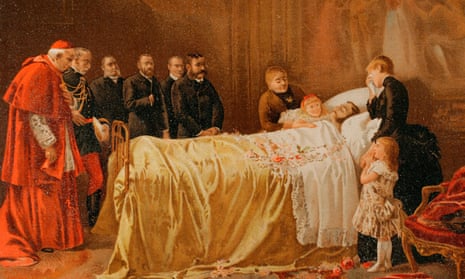 Illustration of the painting by Benlliure y Gil (Death of Don Alfonso XII, the Last Kiss) depicting the death caused by tuberculosis of the King of Spain, Alfonso XII on 25 November 1885. His widow, Queen Maria Cristina, is depicted at the head of the bed